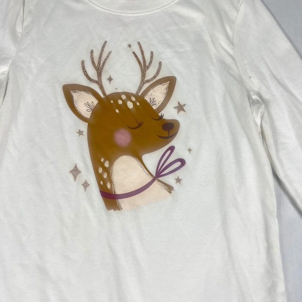 Cat & Jack Girls White Long Sleeve Deer Graphic Tee Shirt Size 5T Glitter Antler